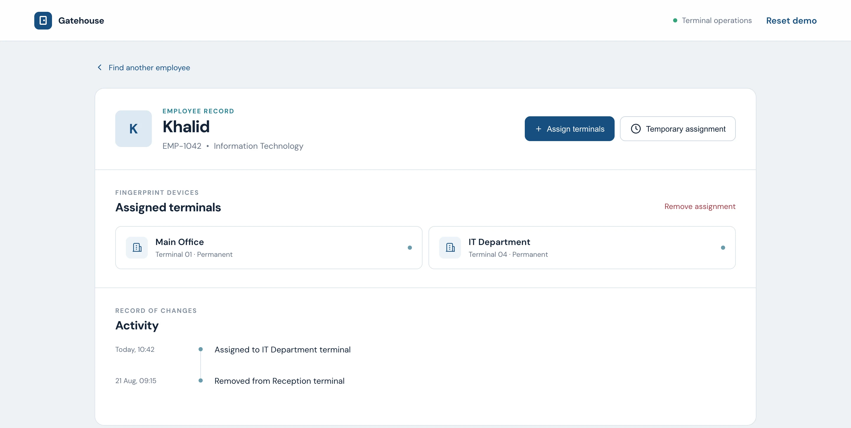 Gatehouse employee record with assigned terminals and activity history