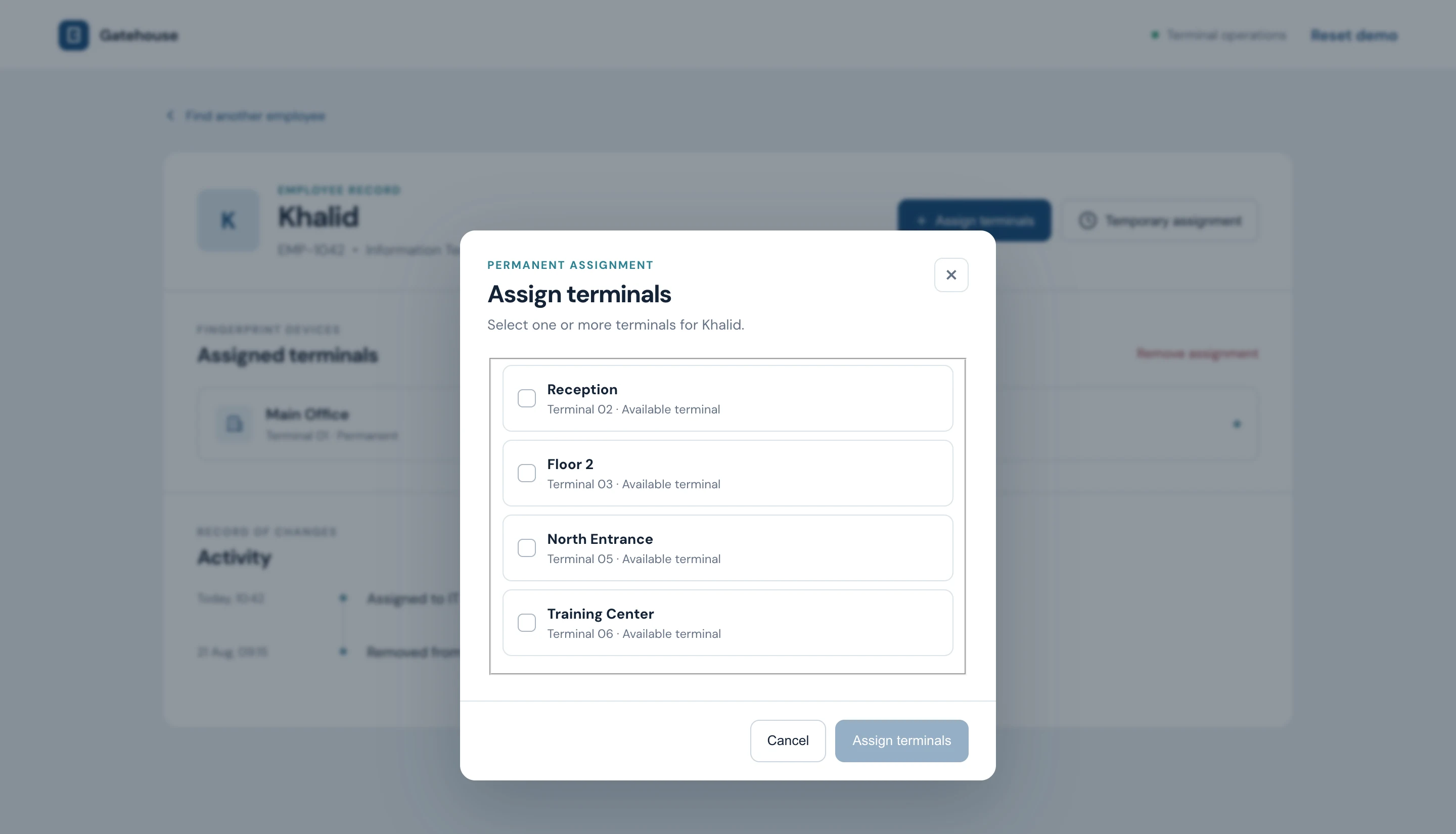 Gatehouse assign terminals dialog with available terminals to select