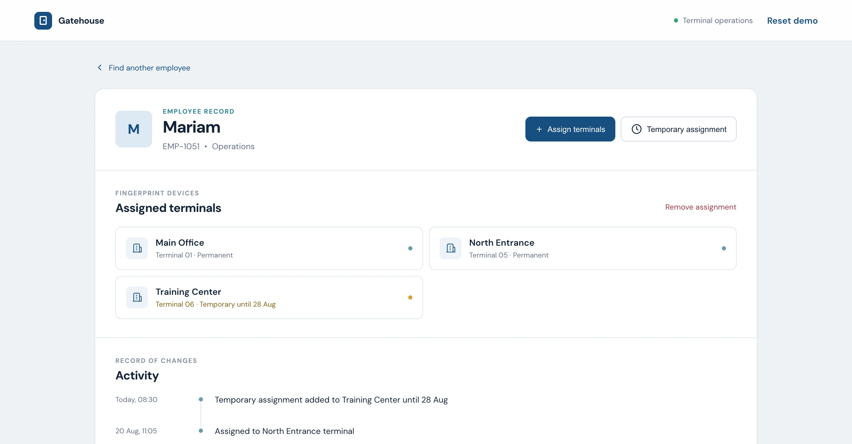 Gatehouse employee record — assigned fingerprint terminals and activity