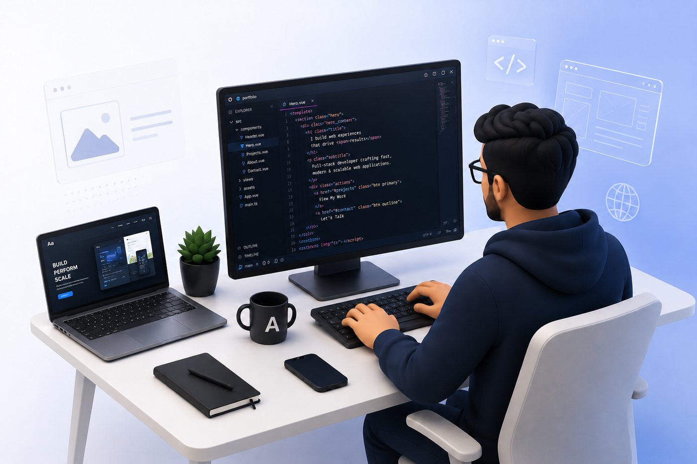 3D illustration of a developer building business software with invoice, workflow, and operations interfaces