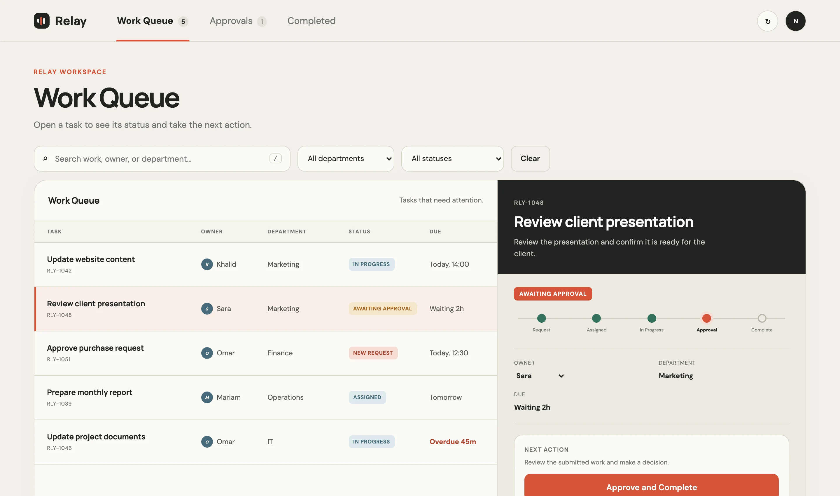 Relay task detail — a task awaiting approval, ready to approve and complete