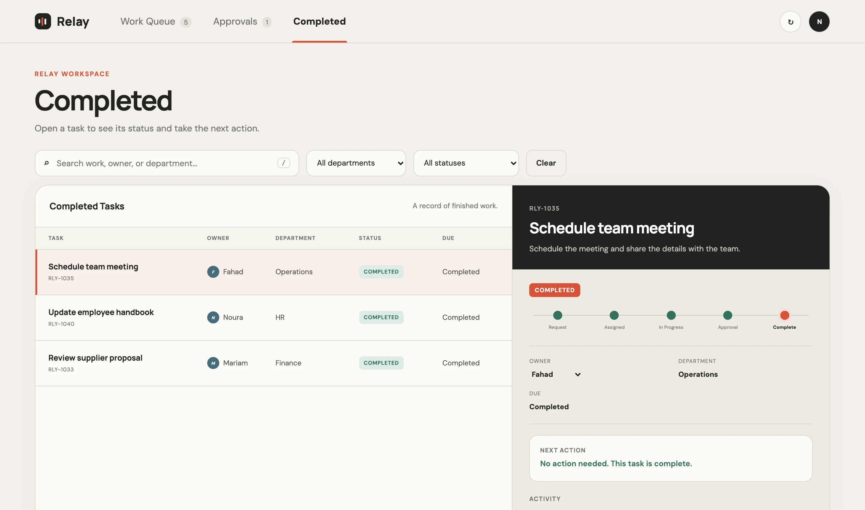 Relay task detail — a completed task with its full activity history