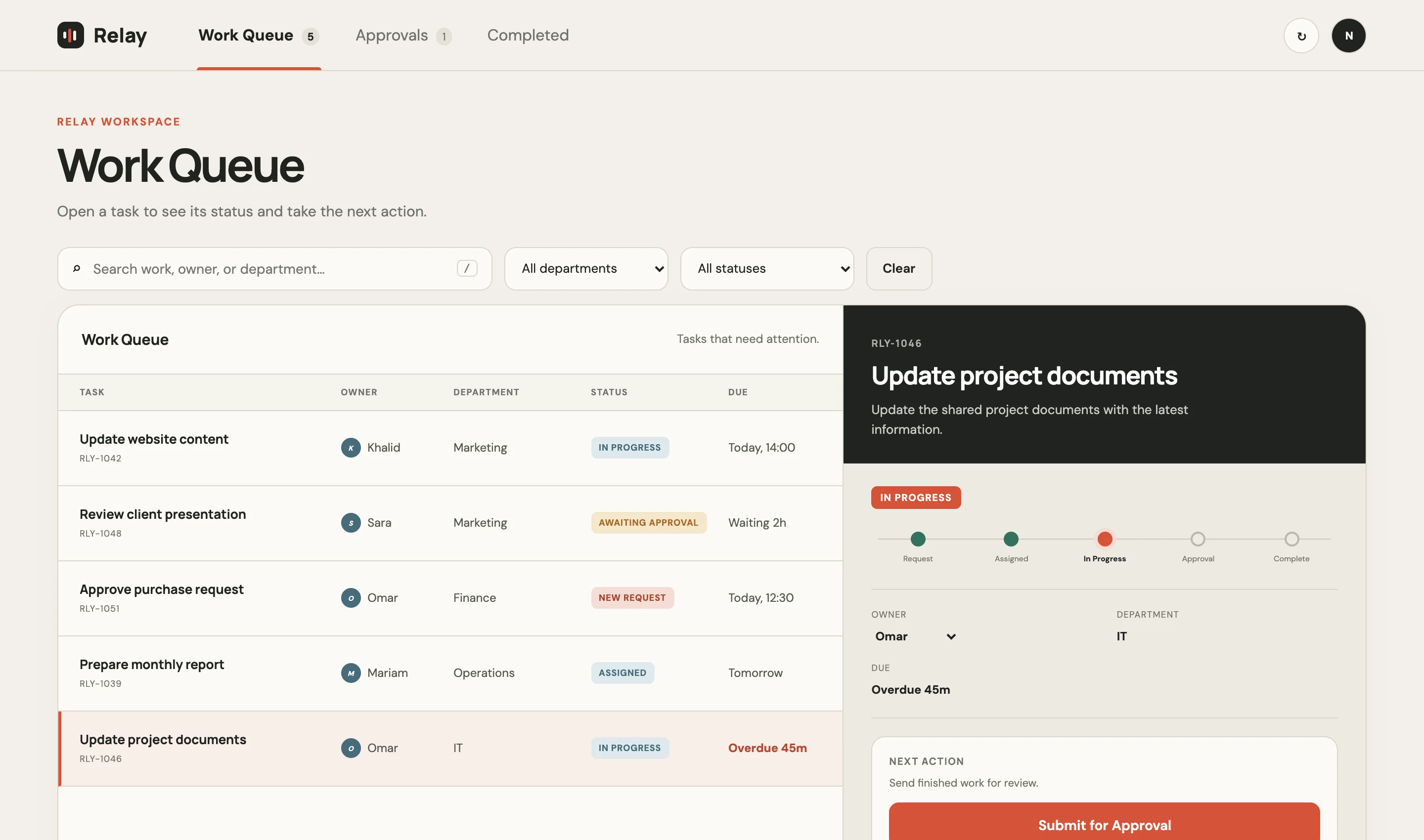 Relay task detail — an overdue in-progress task with a clear next action