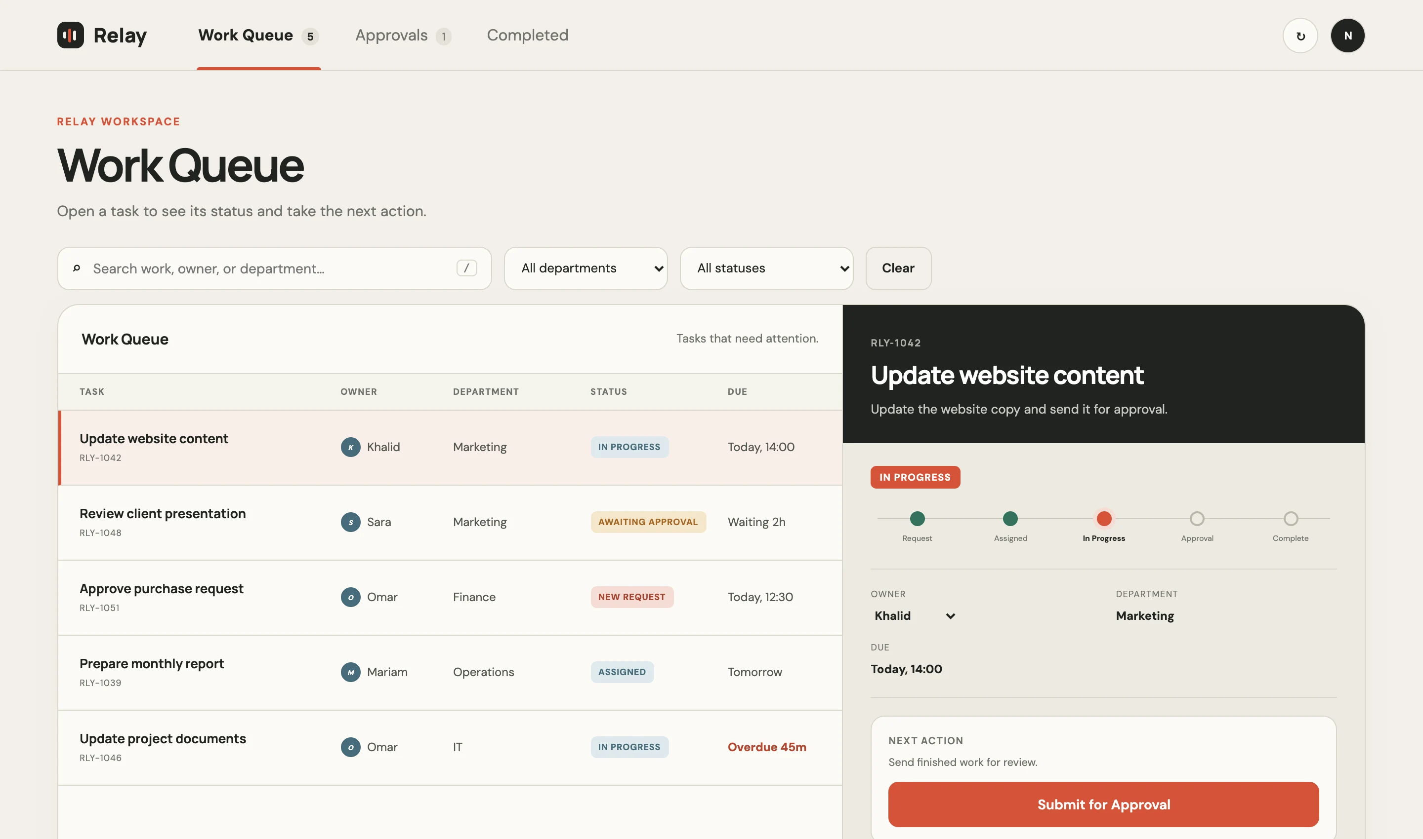 Relay Work Queue with a task open — status, next action, and progress